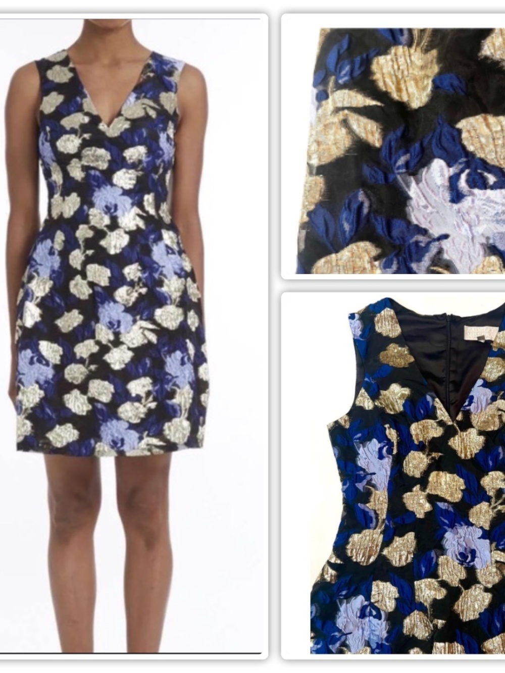 Badgley Mishka Blue Black Metallic Gold Lame Floral Brocade Cocktail Dress 2 NEW